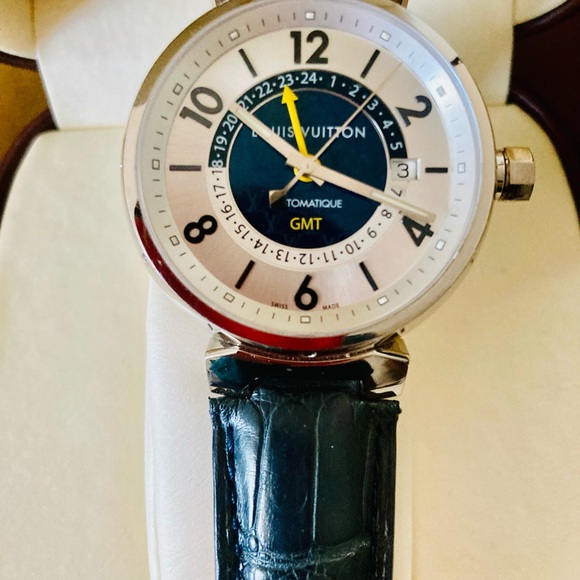 LOUIS VUITTON  18K White Gold TAMBOUR GMT // Q113E Watch - Picture 1 of 12